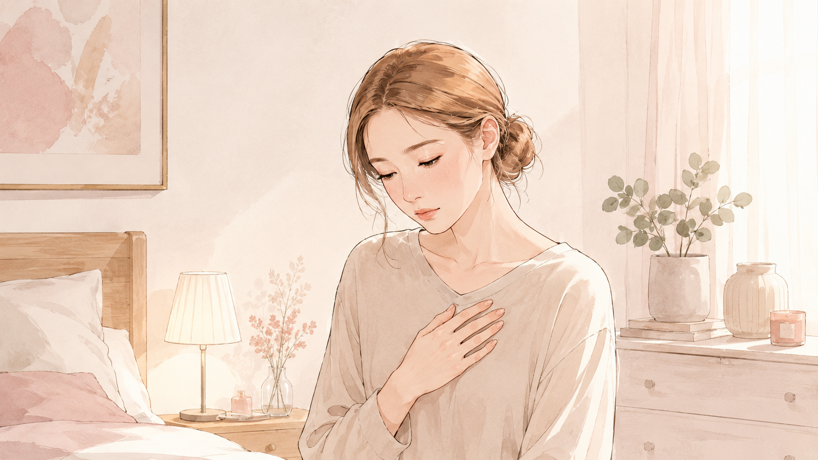 胸にそっと手を当てる女性のイラスト