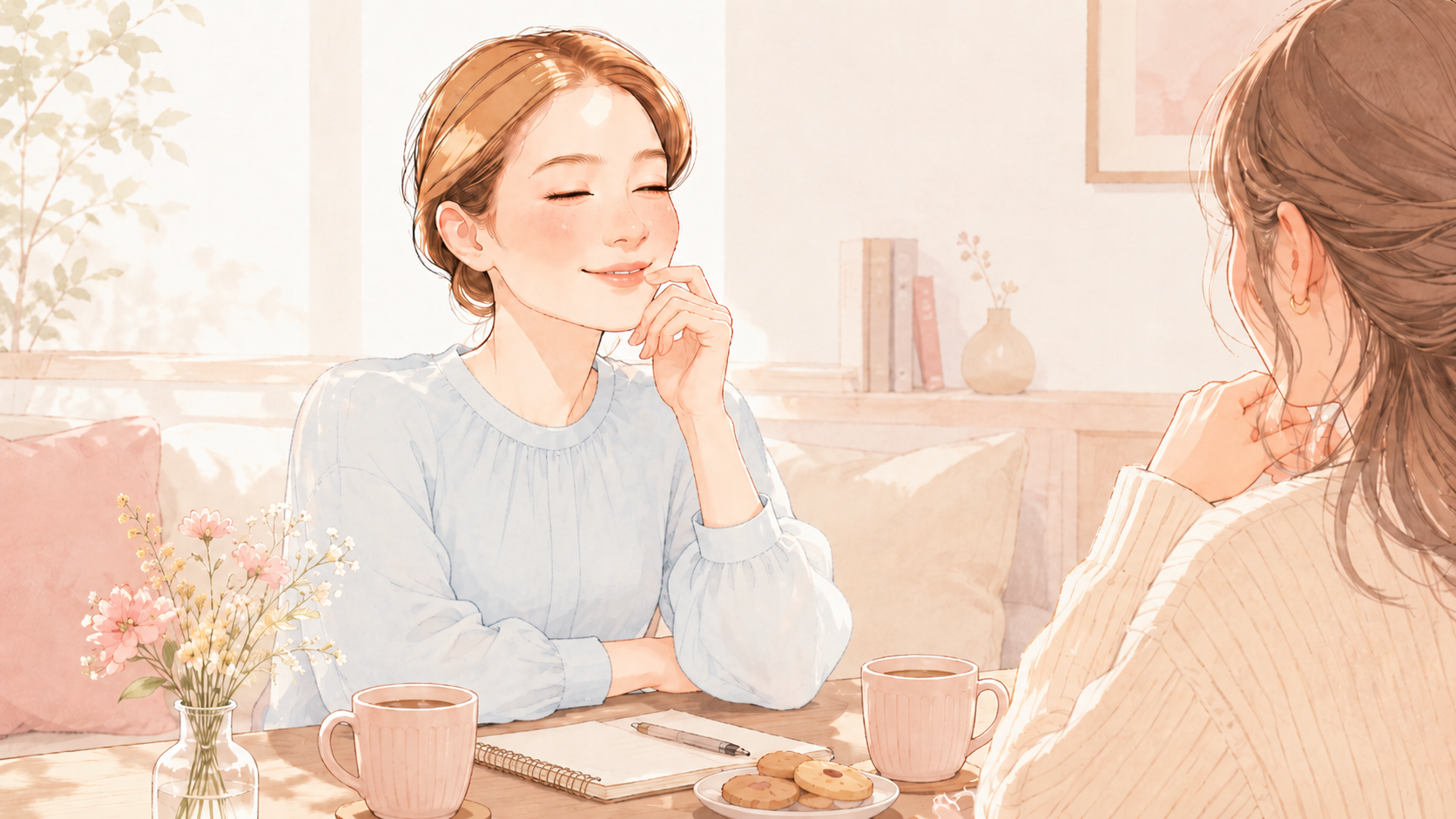 ふたりでお茶を飲みながら語り合う女性たちのイラスト